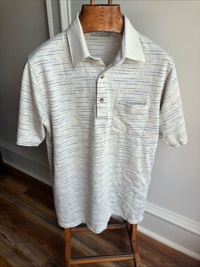 Tropical Palm Cream Short-Sleeve Polo with Subtle Blue Stripe